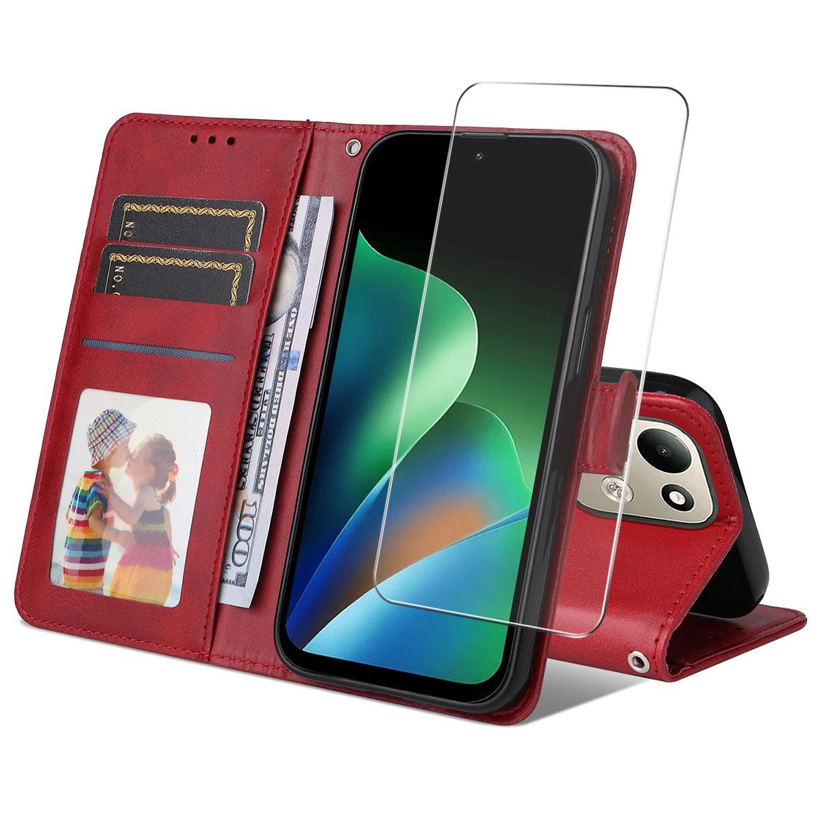 For Redmi Note 17 4G Global 171mm ENKAY Card Wallet Calf Texture Leather Phone Case with Screen Film(Red)