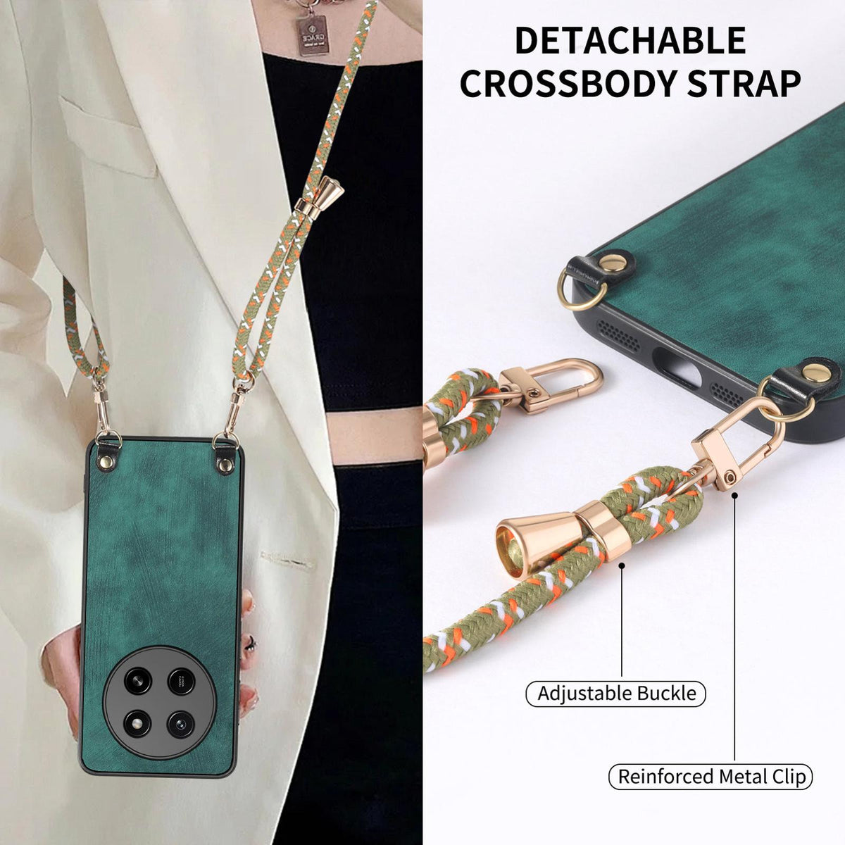 For Honor X80 Pro Max 5G Vintage Leather PC Back Cover Phone Case with Crossbody Strap - Green - SYA002772605A