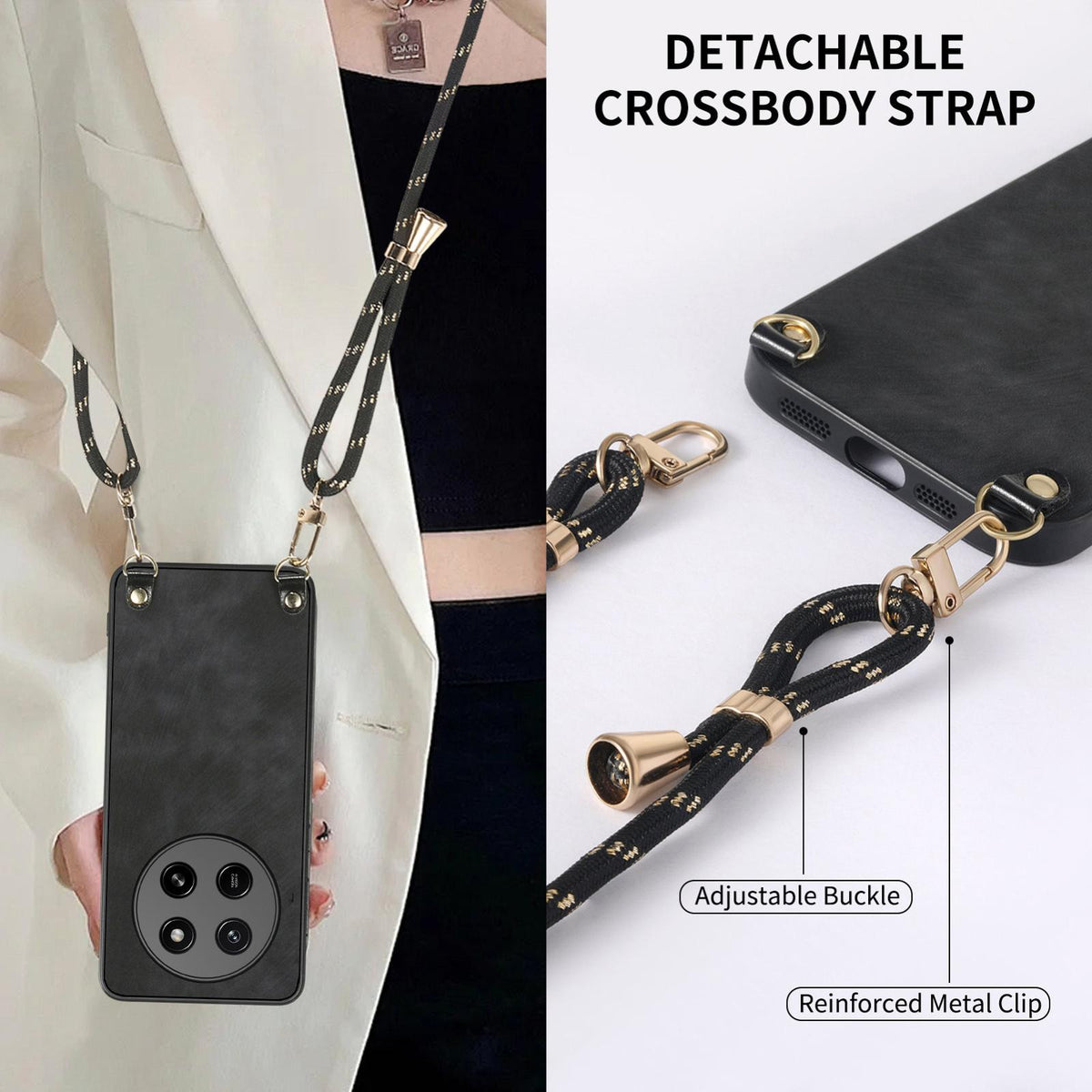 For Honor X80 Pro Max 5G Vintage Leather PC Back Cover Phone Case with Crossbody Strap - Black - SYA002772605B