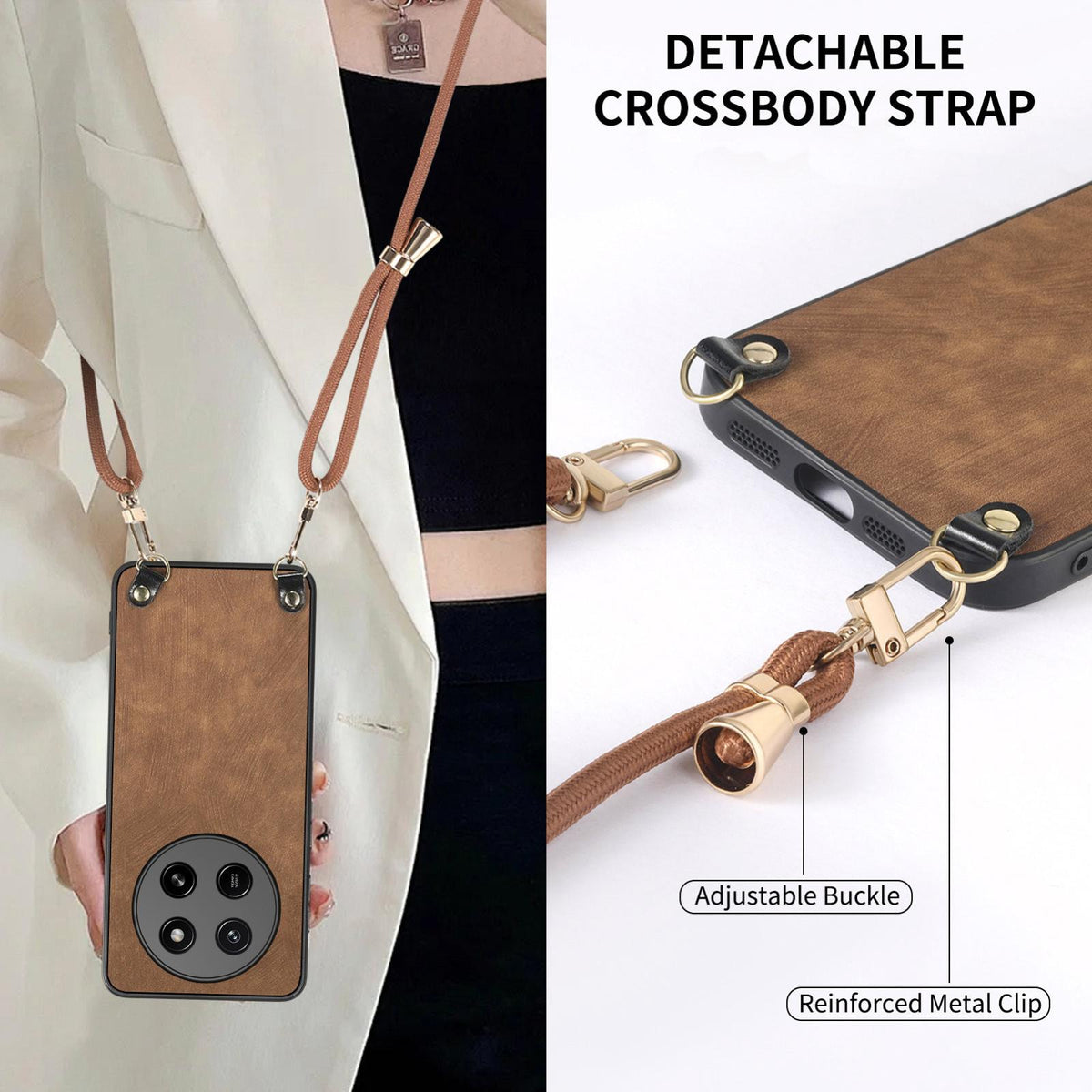 For Honor X80 Pro Max 5G Vintage Leather PC Back Cover Phone Case with Crossbody Strap - Brown - SYA002772605C