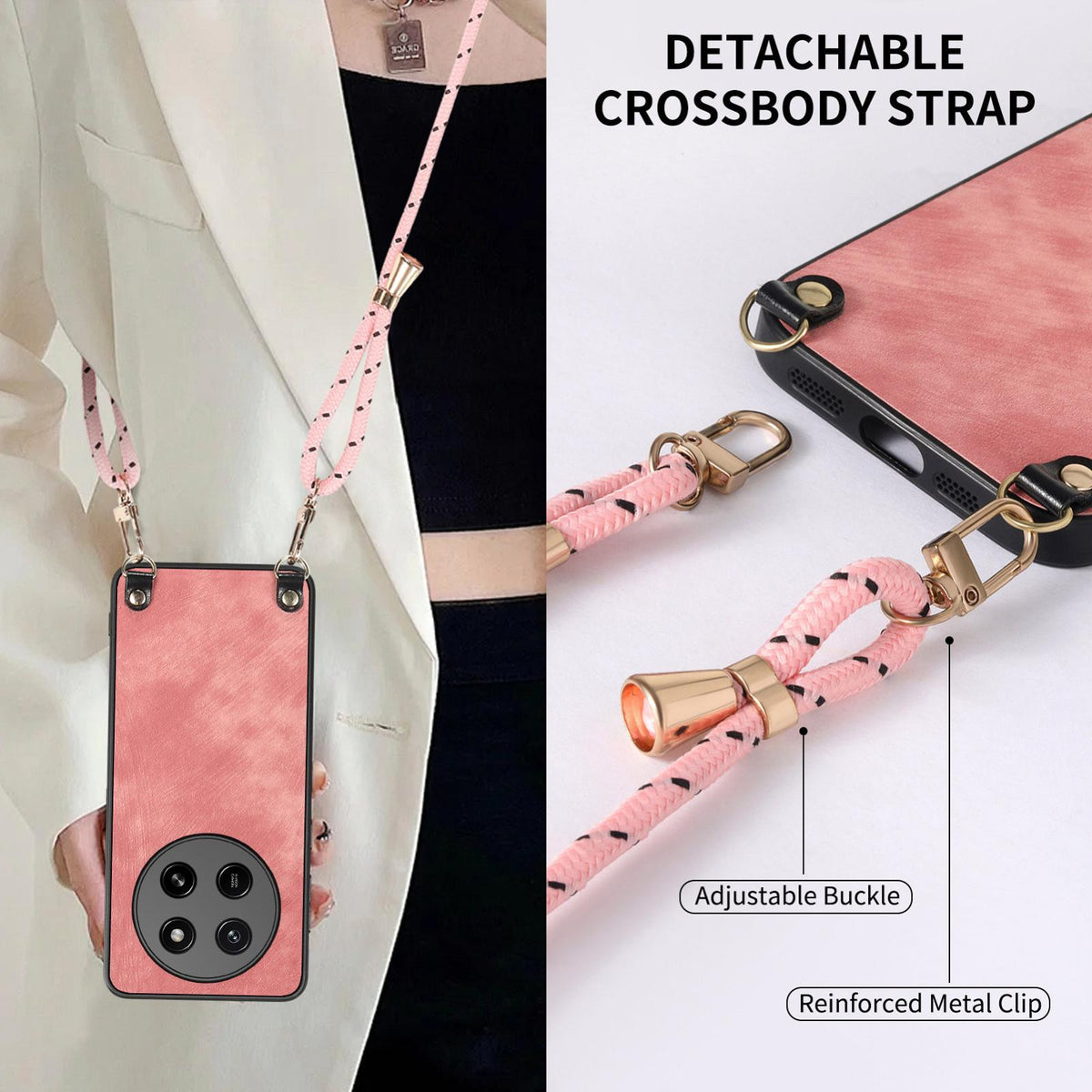 For Honor X80 Pro Max 5G Vintage Leather PC Back Cover Phone Case with Crossbody Strap - Pink - SYA002772605D