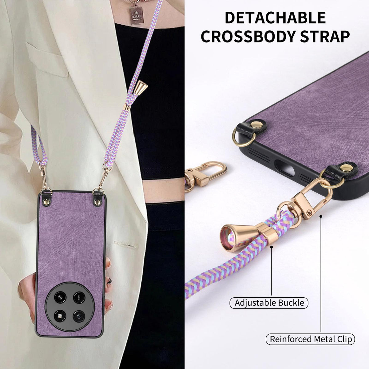 For Honor X80 Pro Max 5G Vintage Leather PC Back Cover Phone Case with Crossbody Strap - Purple - SYA002772605E