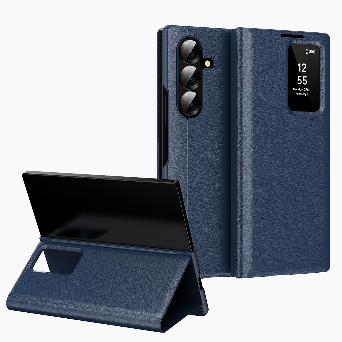 For Galaxy Fold8 Ultra 5G Smart View Window Leather Phone Case with Card Slot(Blue)