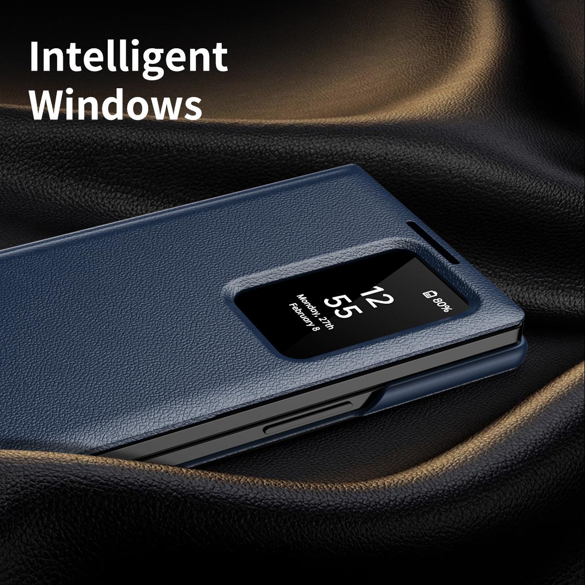 For Galaxy Fold8 Ultra 5G Smart View Window Leather Phone Case with Card Slot(Blue)