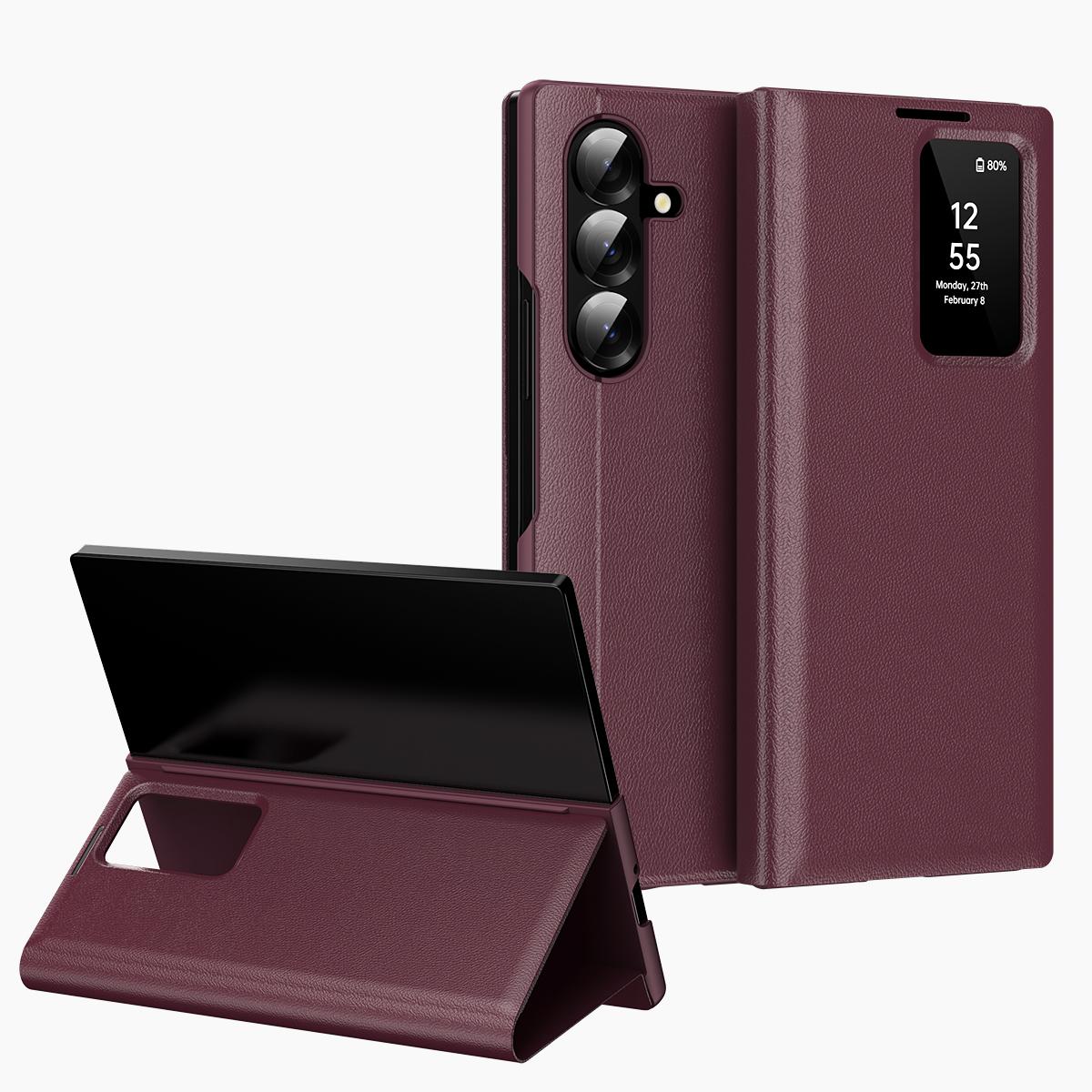 For Galaxy Fold8 Ultra 5G Smart View Window Leather Phone Case with Card Slot(Red)