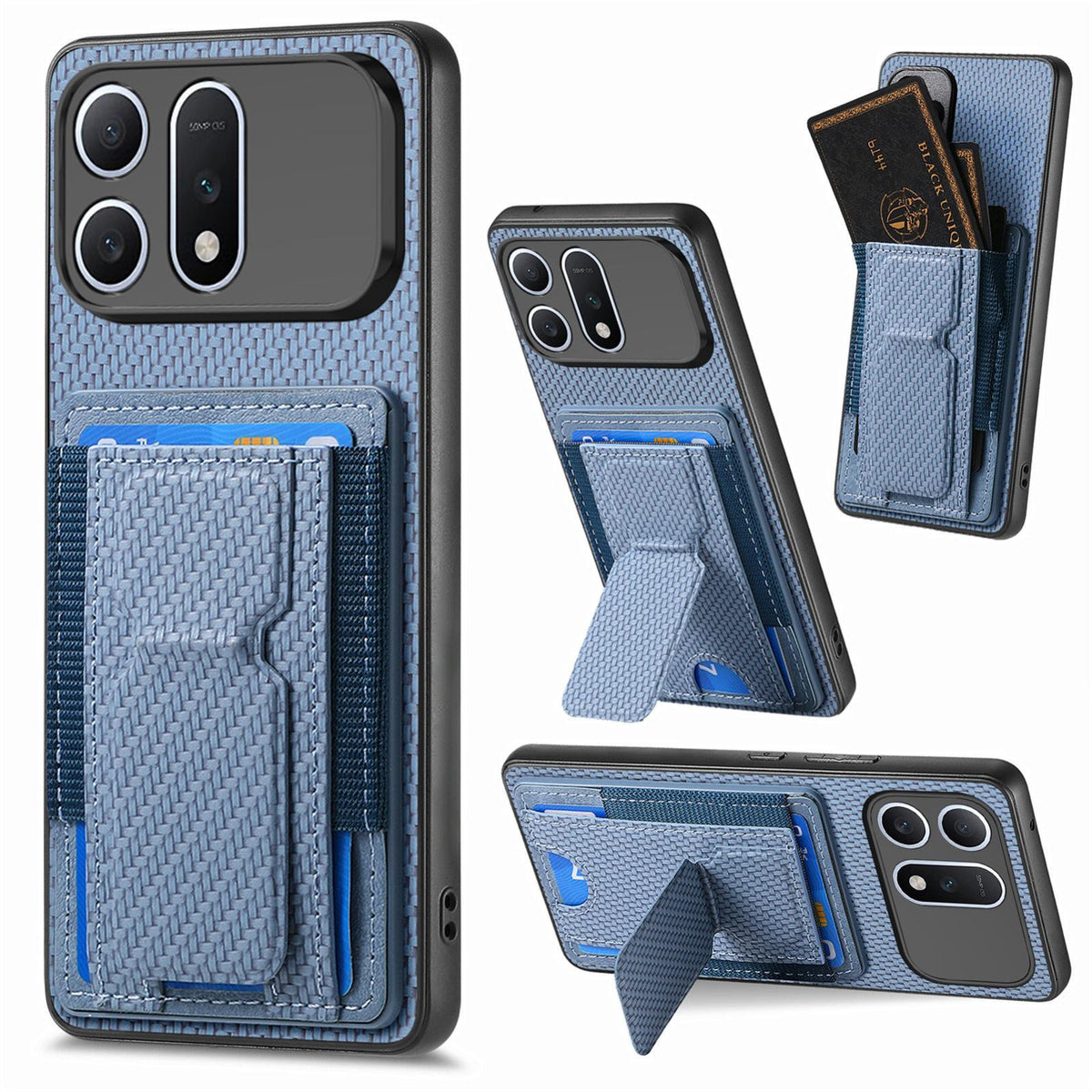 For Honor Win Turbo 5G Carbon Fiber Fold Stand Elastic Card Bag Phone Case - Blue - SYA002775604A