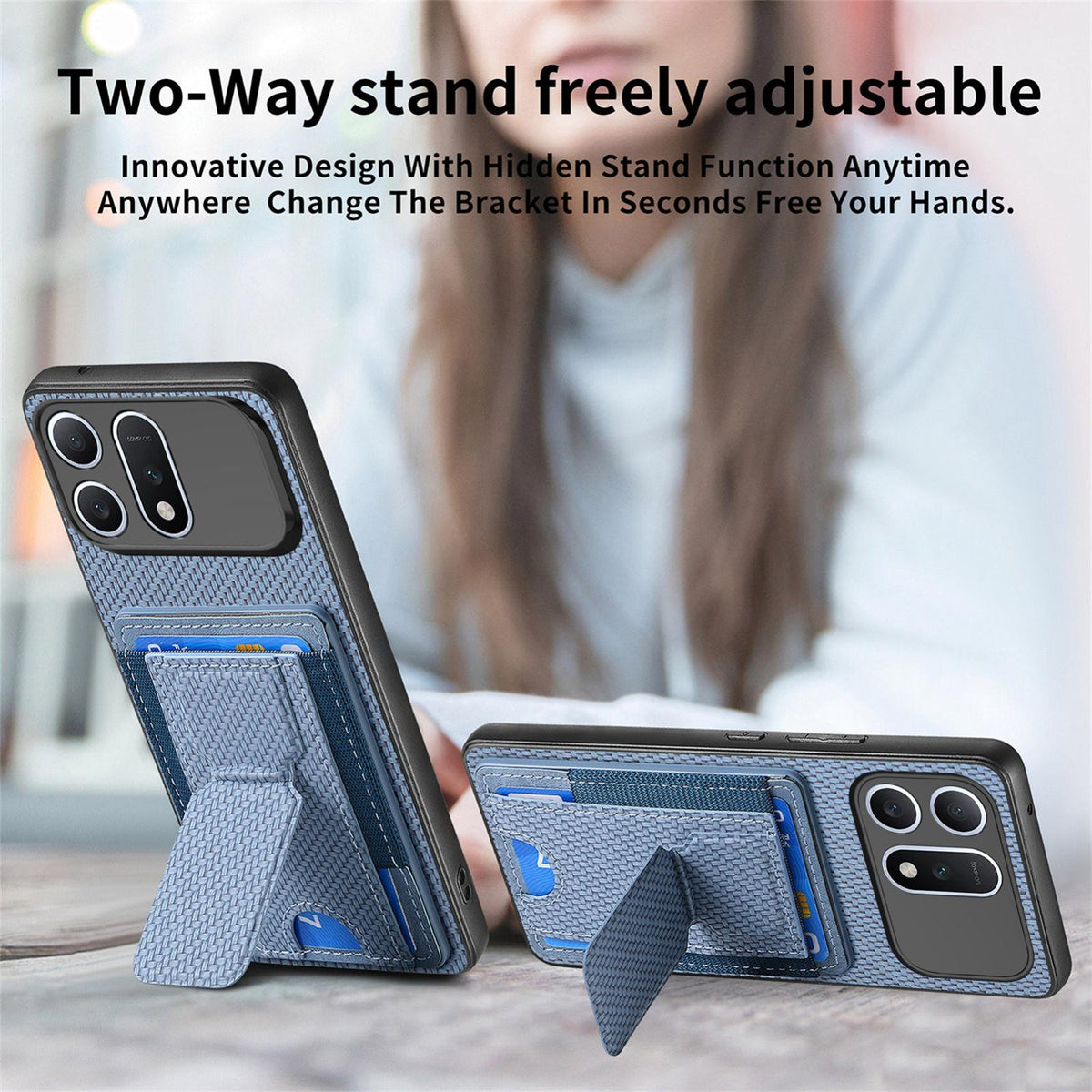 For Honor Win Turbo 5G Carbon Fiber Fold Stand Elastic Card Bag Phone Case - Blue - SYA002775604A
