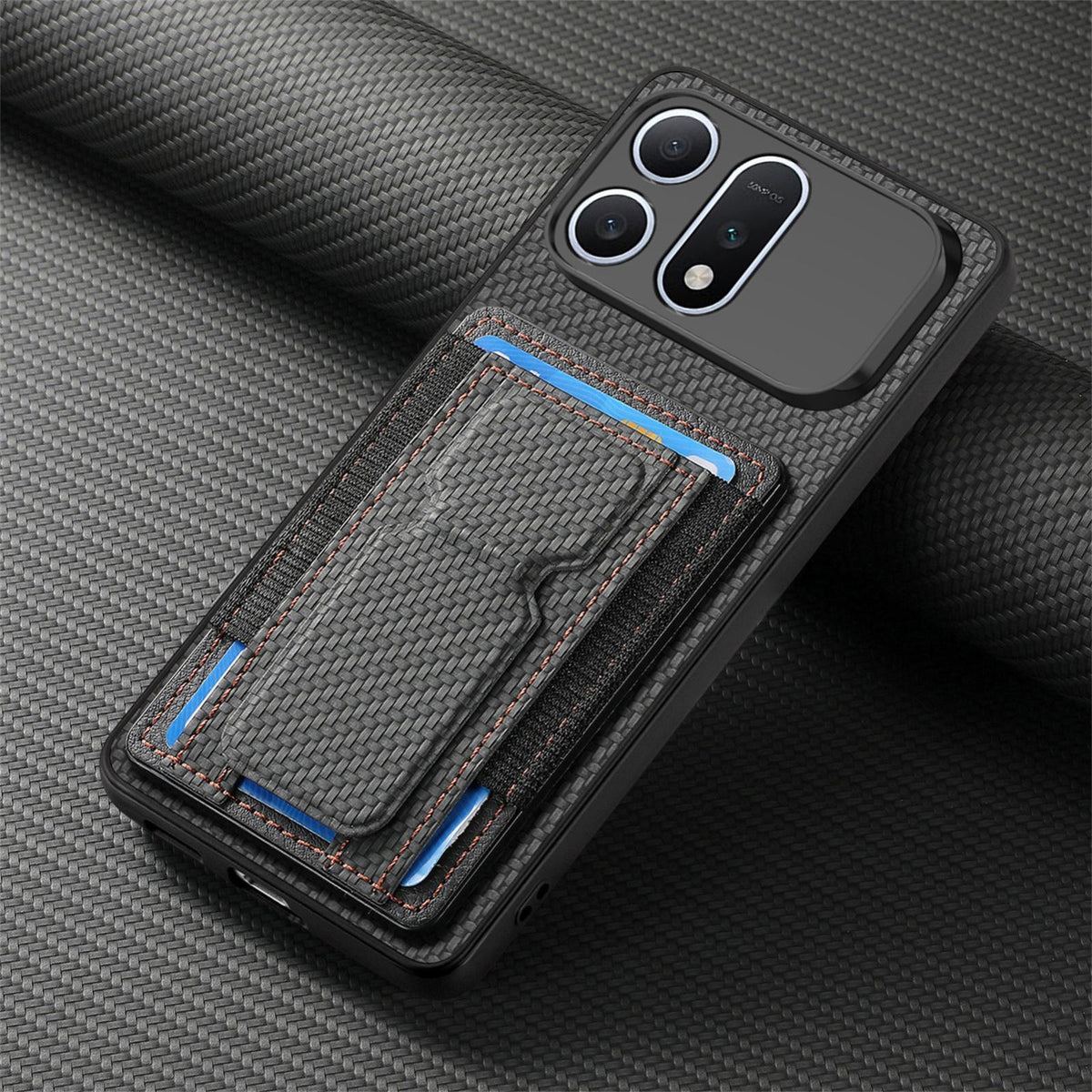 For Honor Win Turbo 5G Carbon Fiber Fold Stand Elastic Card Bag Phone Case - Black - SYA002775604B
