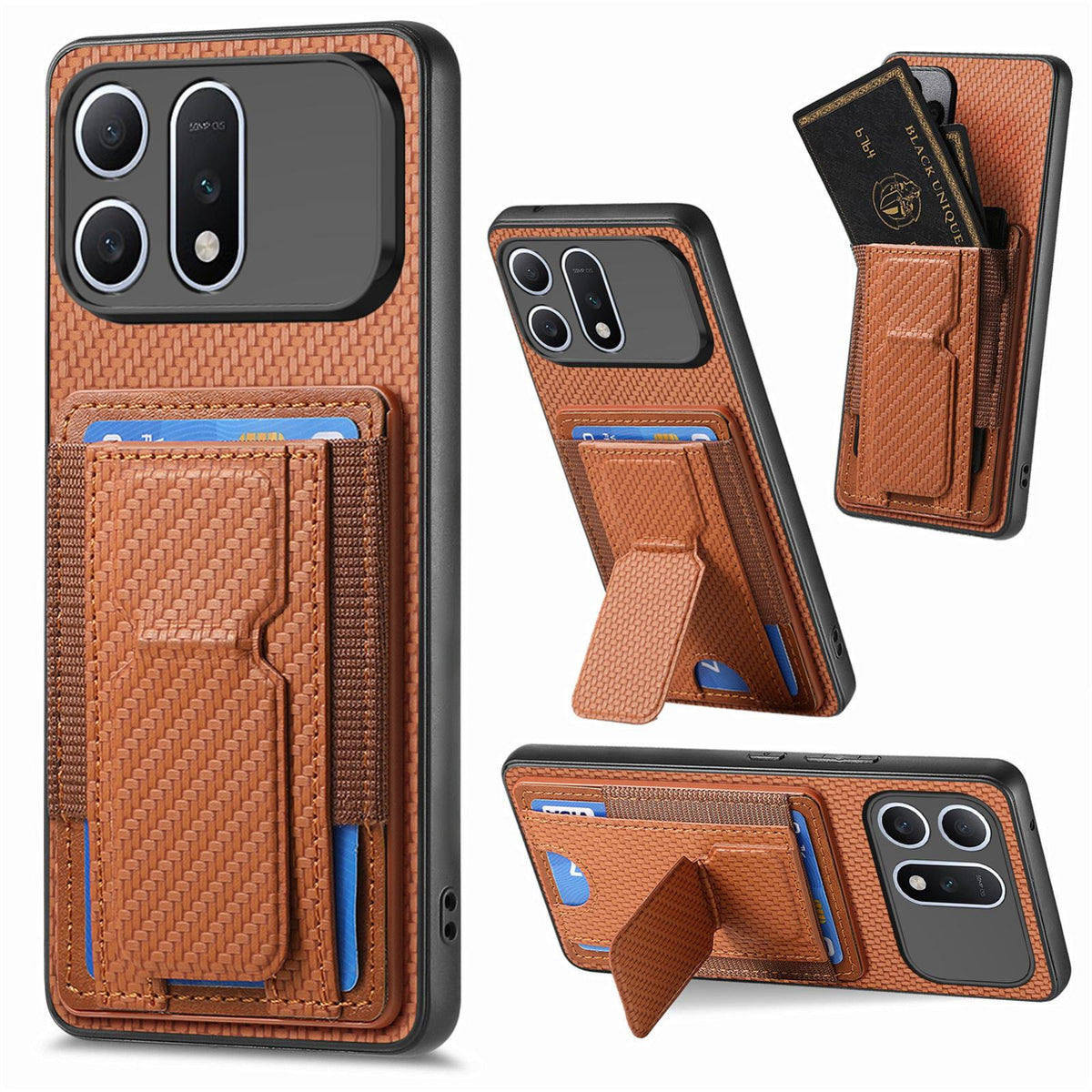 For Honor Win Turbo 5G Carbon Fiber Fold Stand Elastic Card Bag Phone Case - Brown - SYA002775604C