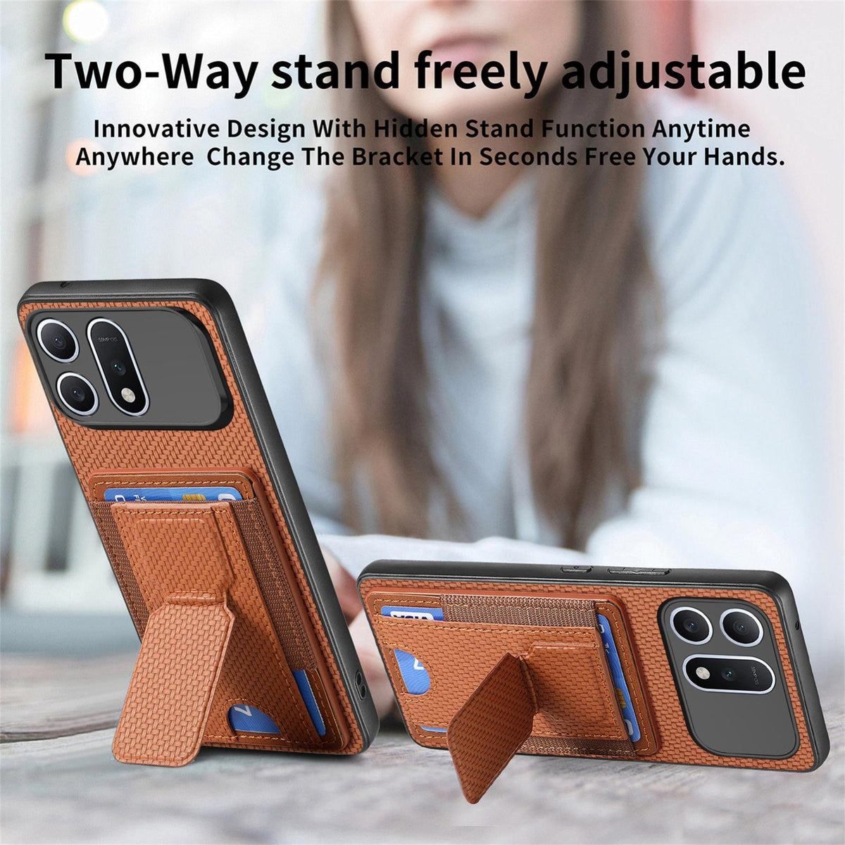 For Honor Win Turbo 5G Carbon Fiber Fold Stand Elastic Card Bag Phone Case - Brown - SYA002775604C