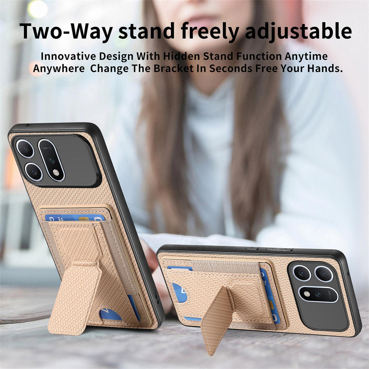 For Honor Win Turbo 5G Carbon Fiber Fold Stand Elastic Card Bag Phone Case - Khaki - SYA002775604D