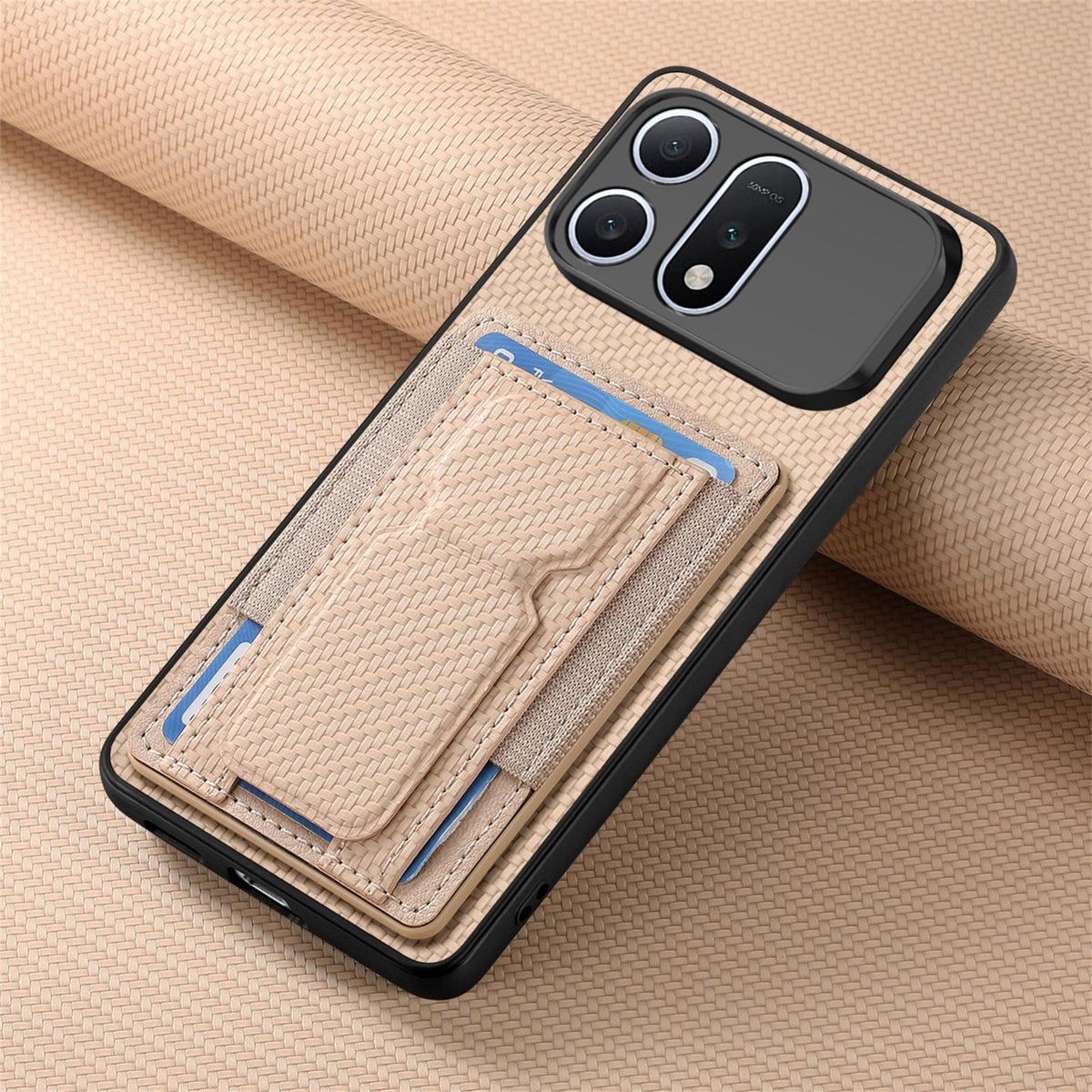 For Honor Win Turbo 5G Carbon Fiber Fold Stand Elastic Card Bag Phone Case - Khaki - SYA002775604D