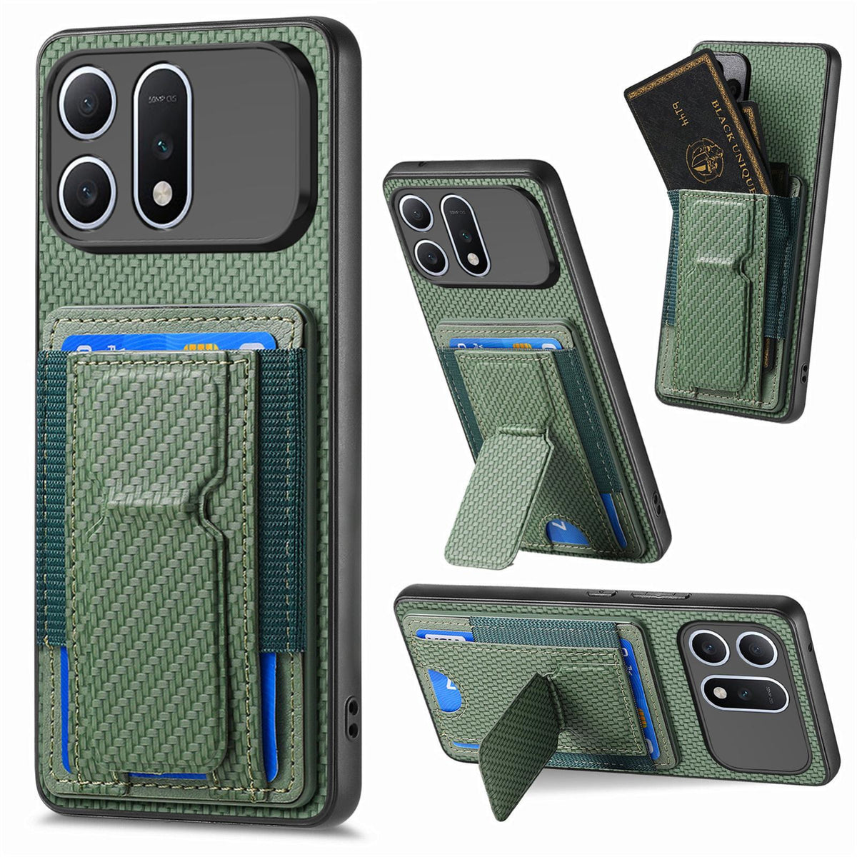 For Honor Win Turbo 5G Carbon Fiber Fold Stand Elastic Card Bag Phone Case - Green - SYA002775604E
