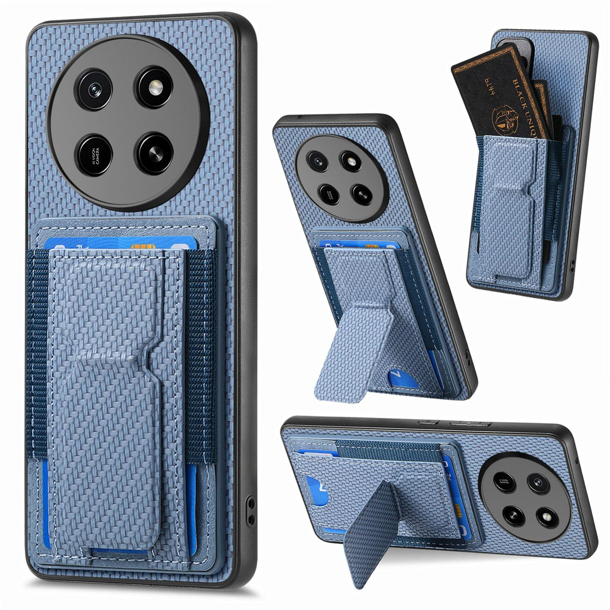 For Honor X80 Pro Max 5G Carbon Fiber Fold Stand Elastic Card Bag Phone Case - Blue - SYA002775605A