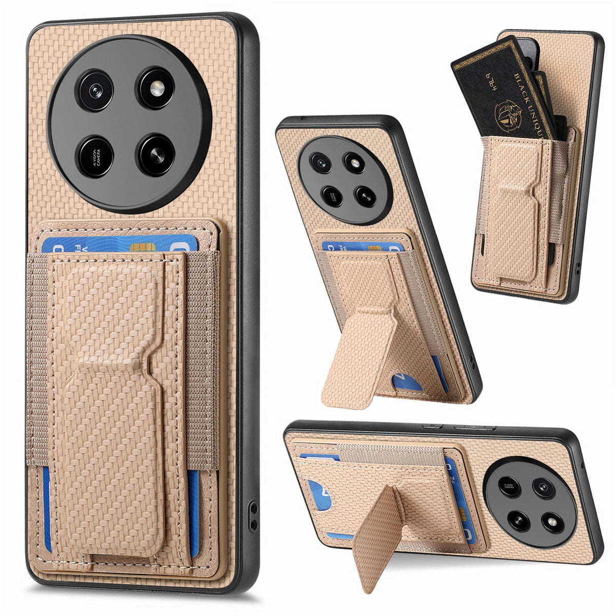 For Honor X80 Pro Max 5G Carbon Fiber Fold Stand Elastic Card Bag Phone Case - Khaki - SYA002775605D