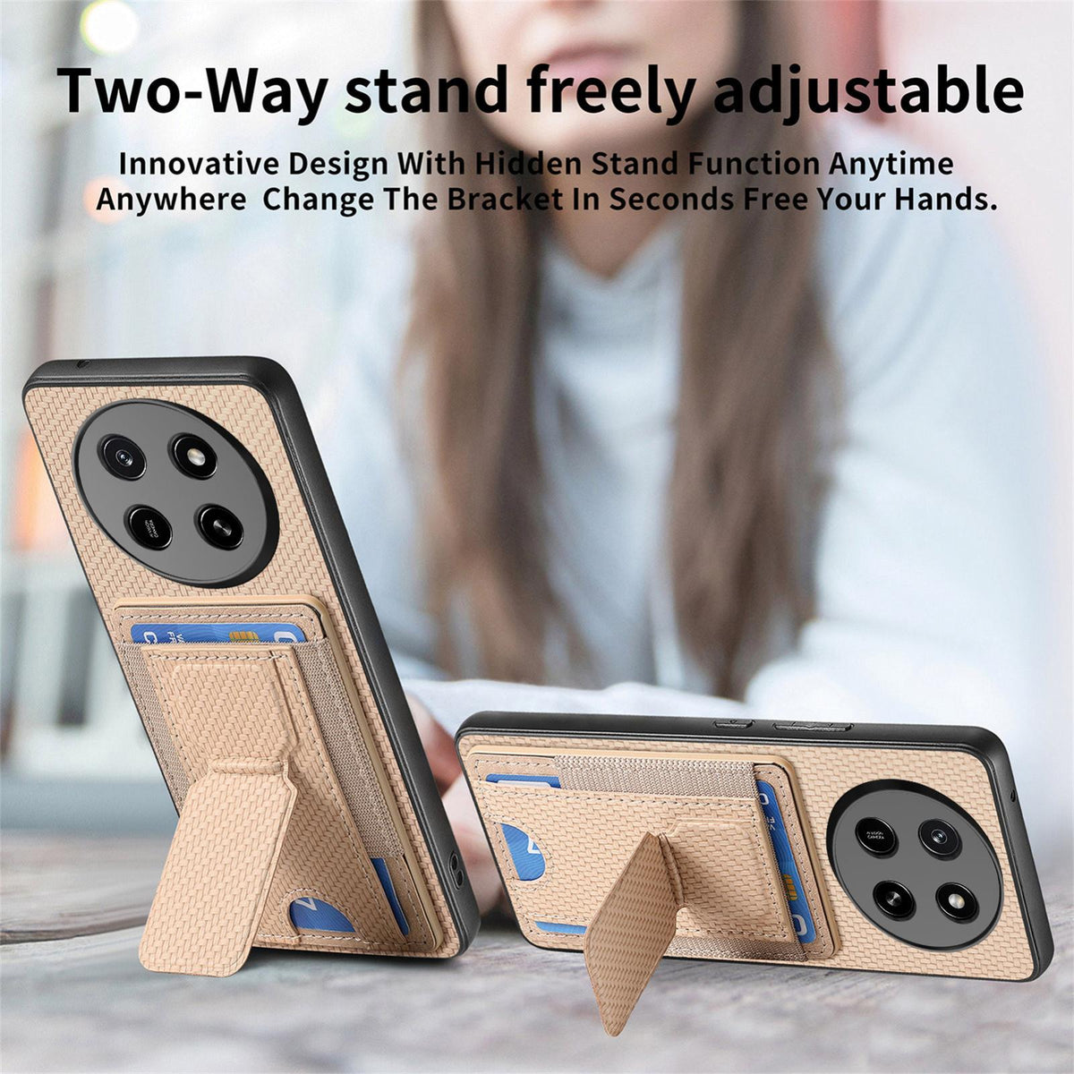 For Honor X80 Pro Max 5G Carbon Fiber Fold Stand Elastic Card Bag Phone Case - Khaki - SYA002775605D