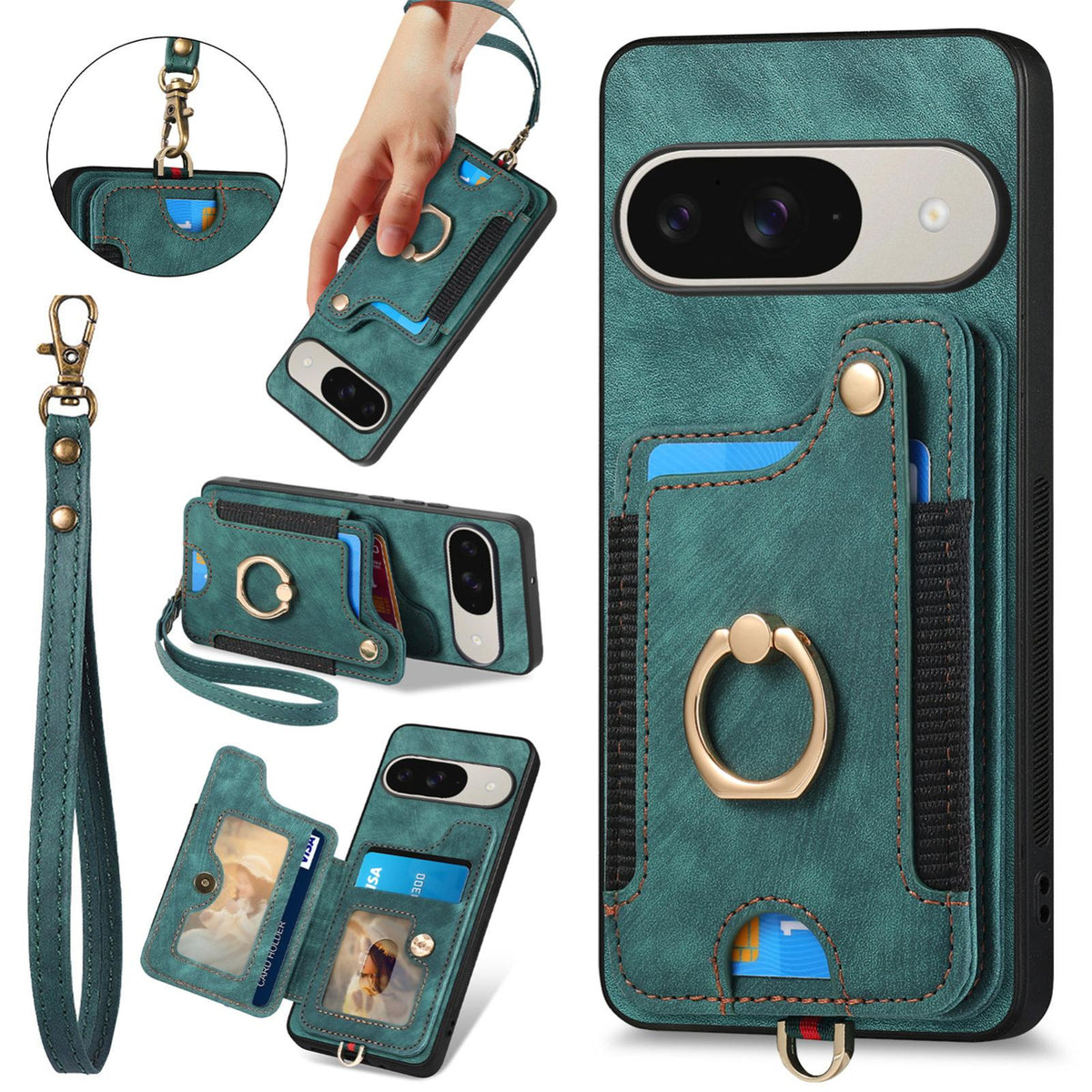 For Google Pixel 11 Retro Skin-feel Ring Multi-card Wallet Phone Case - Green - SYA002797615C