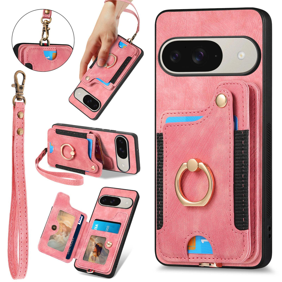 For Google Pixel 11 Retro Skin-feel Ring Multi-card Wallet Phone Case - Pink - SYA002797615D