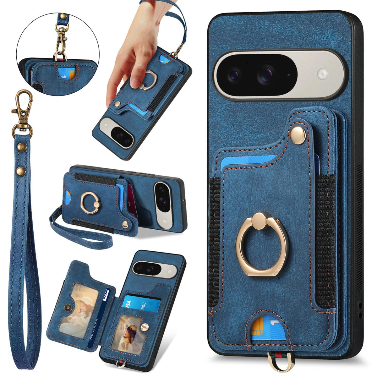For Google Pixel 11 Pro Retro Skin-feel Ring Multi-card Wallet Phone Case - Blue - SYA002797616B