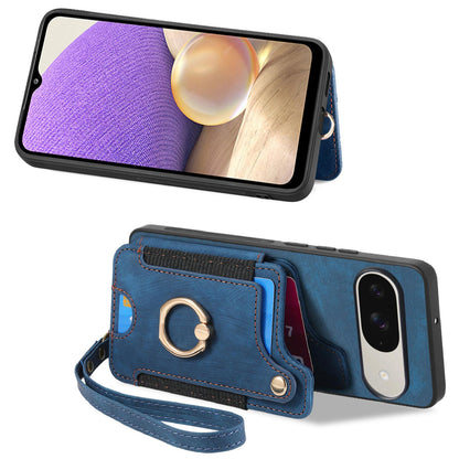 For Google Pixel 11 Pro Retro Skin-feel Ring Multi-card Wallet Phone Case - Blue - SYA002797616B