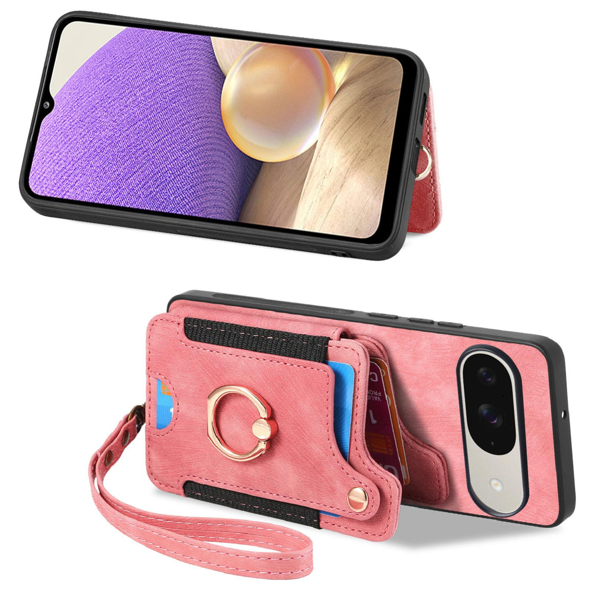 For Google Pixel 11 Pro Retro Skin-feel Ring Multi-card Wallet Phone Case - Pink - SYA002797616D