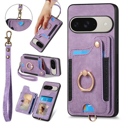 For Google Pixel 11 Pro Retro Skin-feel Ring Multi-card Wallet Phone Case - Purple - SYA002797616E