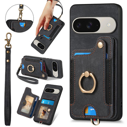 For Google Pixel 11 Pro Retro Skin-feel Ring Multi-card Wallet Phone Case - Black - SYA002797616F
