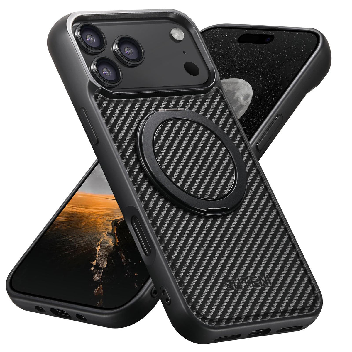 For iPhone 18 Pro Suteni G3 Carbon Fiber Leather 360 Rotation Holder MagSafe Phone Case - Black - SYA002805223A