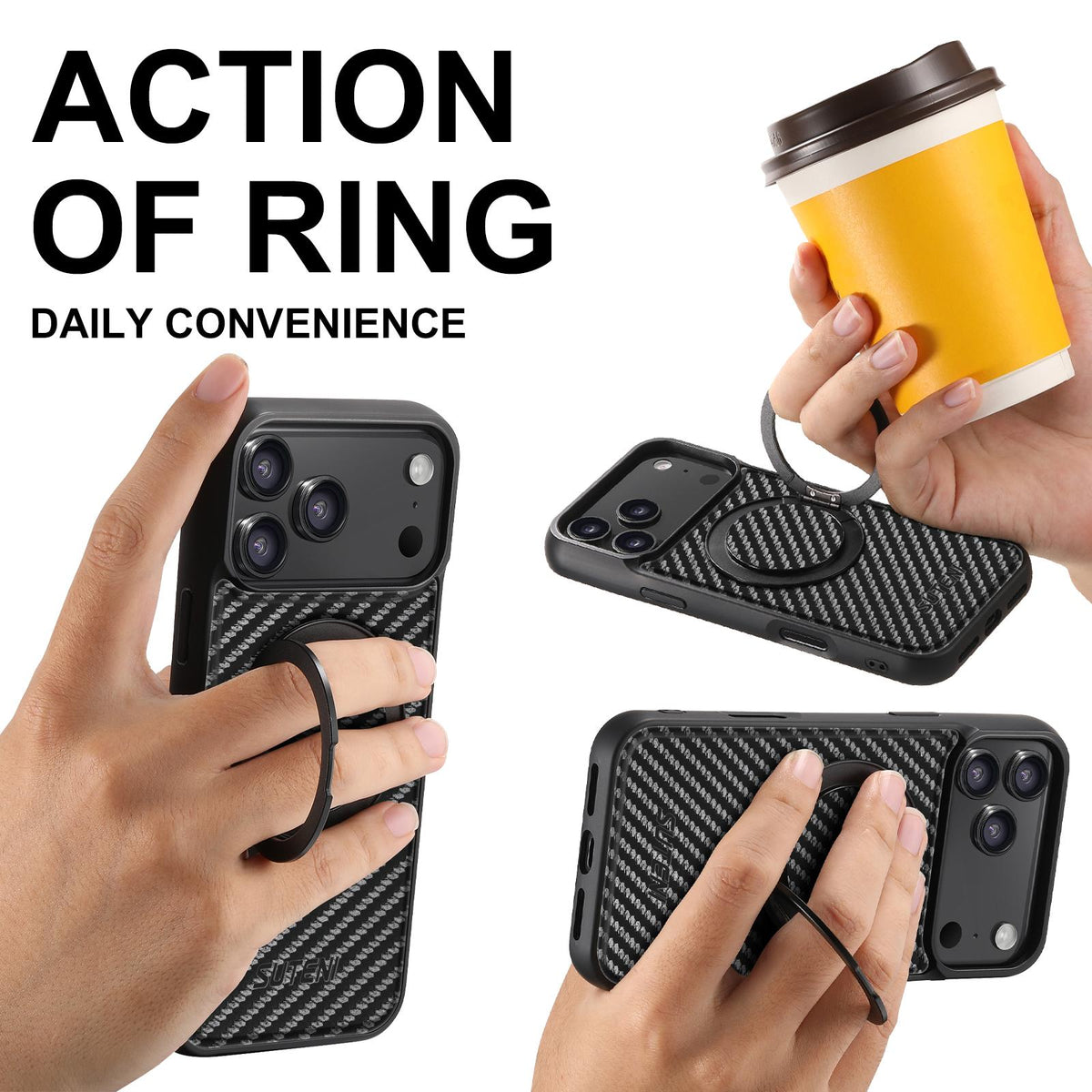 For iPhone 18 Pro Suteni G3 Carbon Fiber Leather 360 Rotation Holder MagSafe Phone Case - Black - SYA002805223A