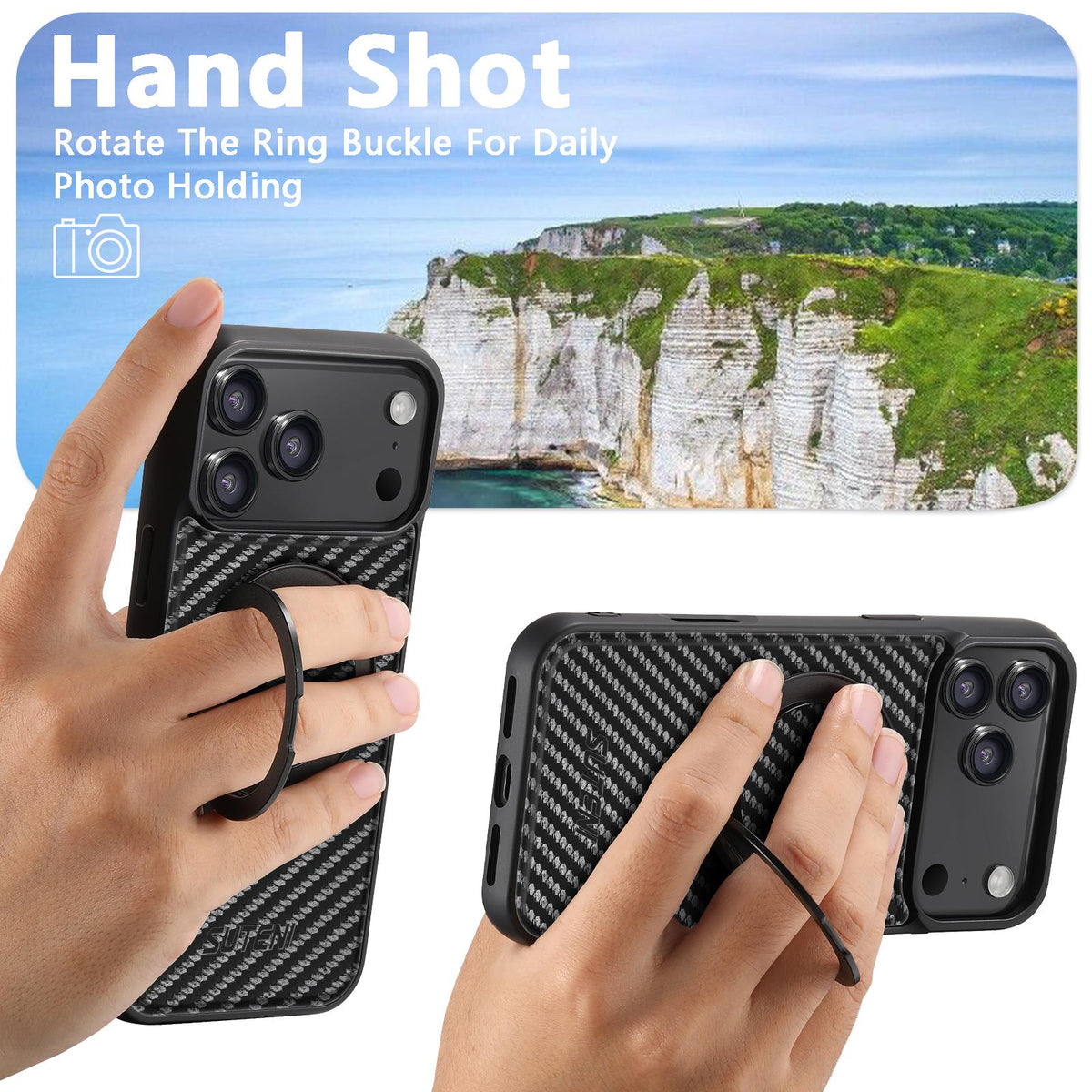 For iPhone 18 Pro Suteni G3 Carbon Fiber Leather 360 Rotation Holder MagSafe Phone Case - Black - SYA002805223A