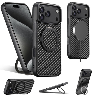 For iPhone 18 Pro Suteni G3 Carbon Fiber Leather 360 Rotation Holder MagSafe Phone Case - Black - SYA002805223A