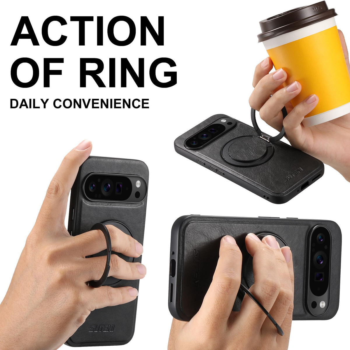 For Google Pixel 11 Suteni G3 Oil Wax 360 Rotation Holder MagSafe Back Phone Case - Black - SYA002805416A