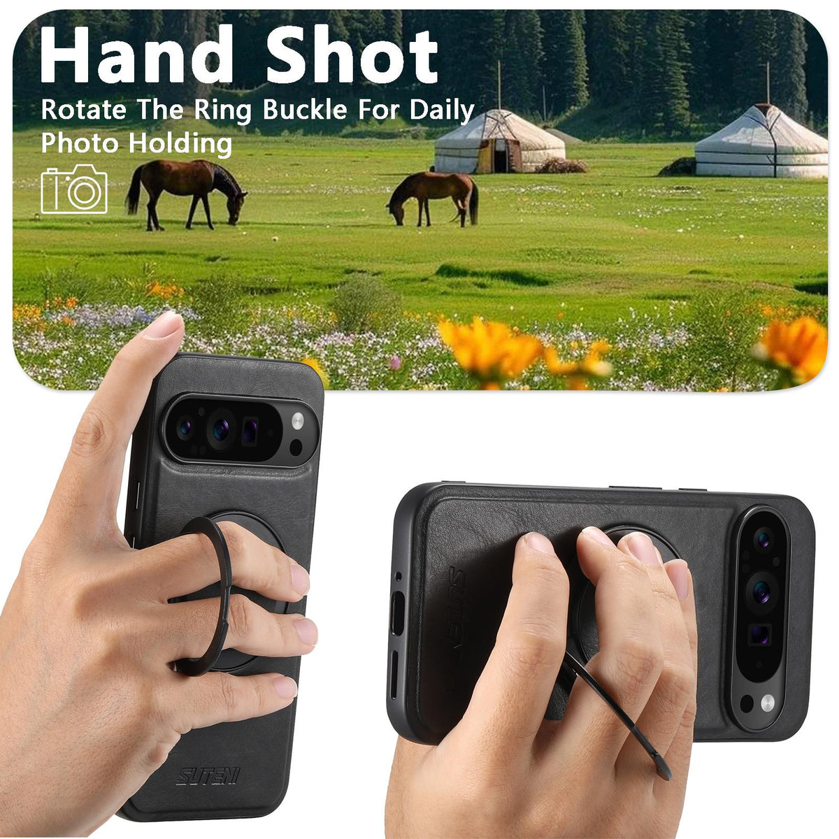 For Google Pixel 11 Suteni G3 Oil Wax 360 Rotation Holder MagSafe Back Phone Case - Black - SYA002805416A