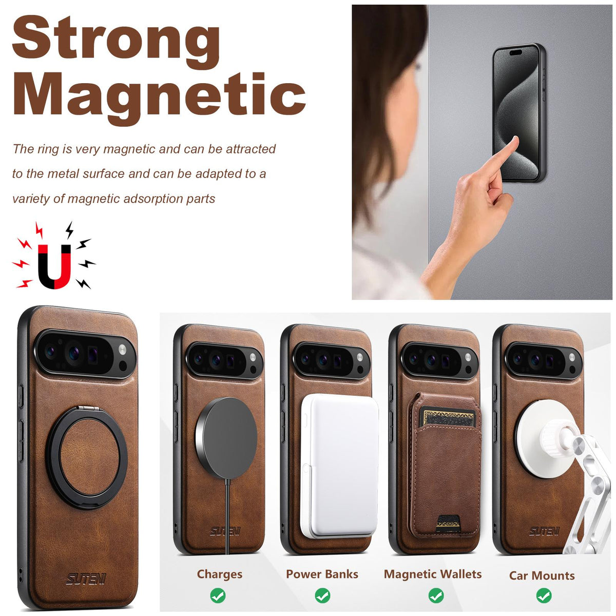For Google Pixel 11 Suteni G3 Oil Wax 360 Rotation Holder MagSafe Back Phone Case - Brown - SYA002805416B