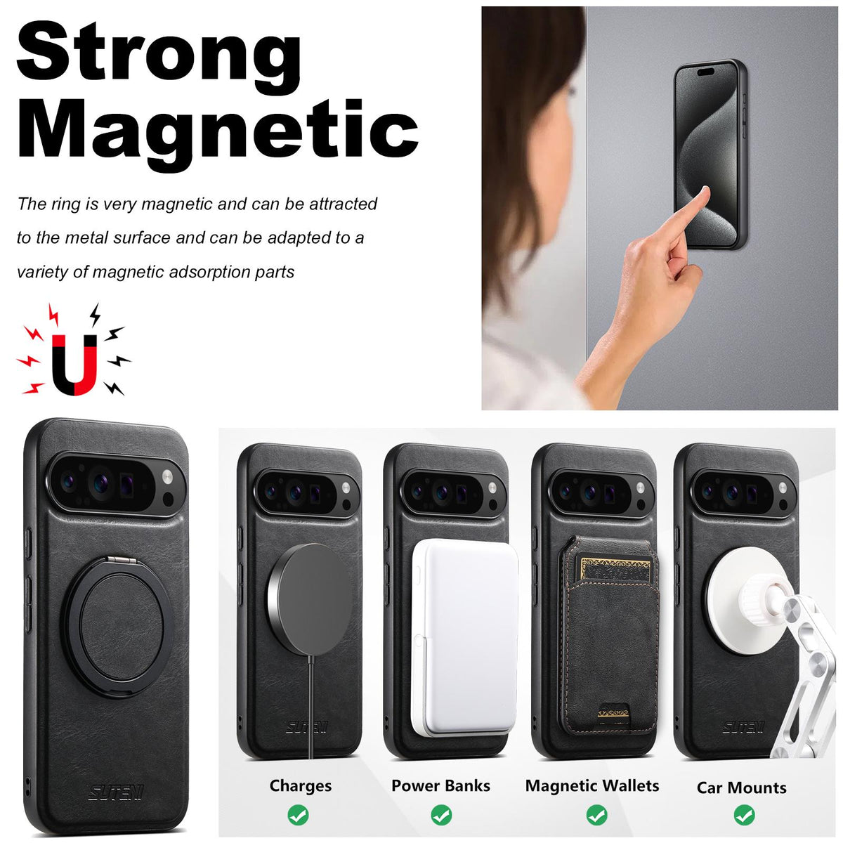 For Google Pixel 11 Pro Suteni G3 Oil Wax 360 Rotation Holder MagSafe Back Phone Case - Black - SYA002805417A