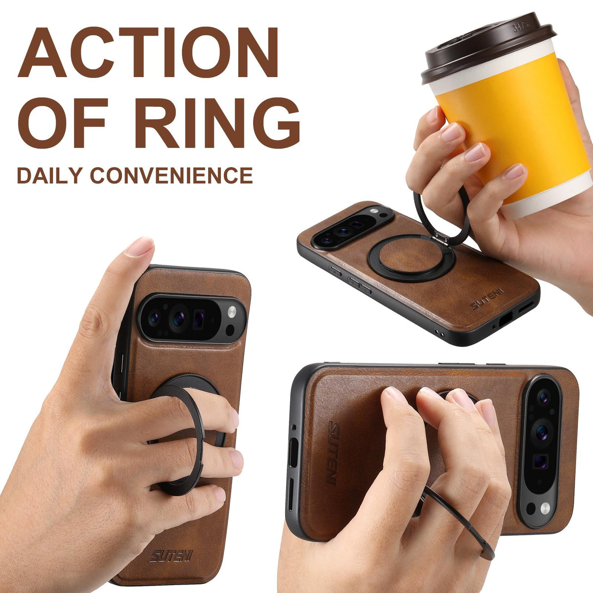 For Google Pixel 11 Pro Suteni G3 Oil Wax 360 Rotation Holder MagSafe Back Phone Case - Brown - SYA002805417B