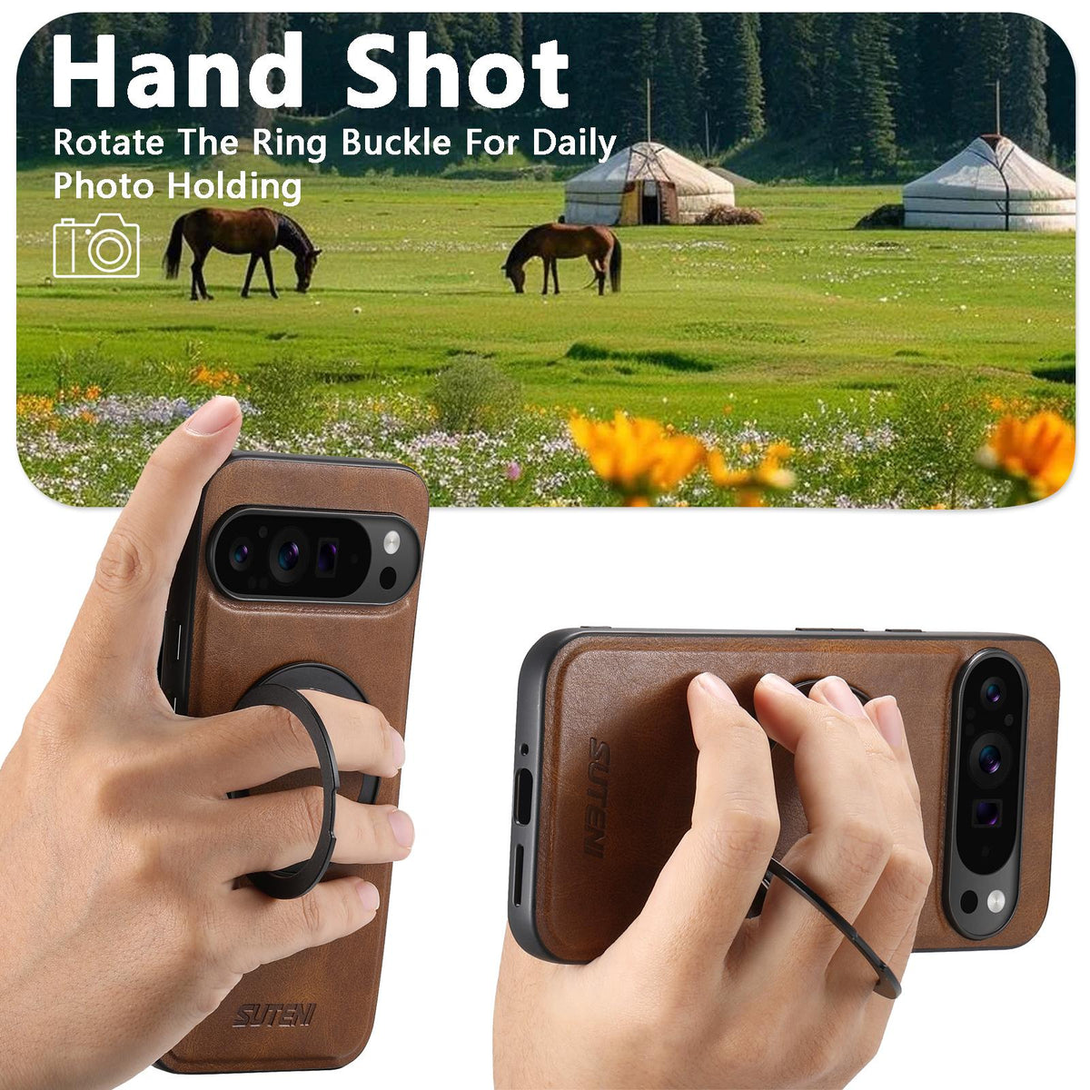 For Google Pixel 11 Pro Suteni G3 Oil Wax 360 Rotation Holder MagSafe Back Phone Case - Brown - SYA002805417B