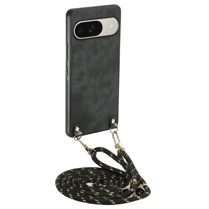 For Google Pixel 11 Pro XL Vintage Leather PC Back Cover Phone Case with Crossbody Strap - Black - SYA002809618B