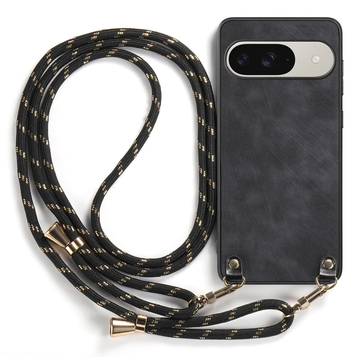 For Google Pixel 11 Pro XL Vintage Leather PC Back Cover Phone Case with Crossbody Strap - Black - SYA002809618B