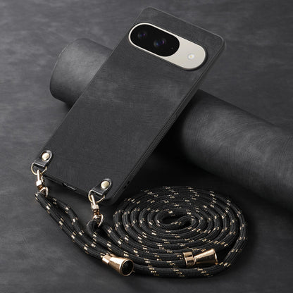 For Google Pixel 11 Pro XL Vintage Leather PC Back Cover Phone Case with Crossbody Strap - Black - SYA002809618B