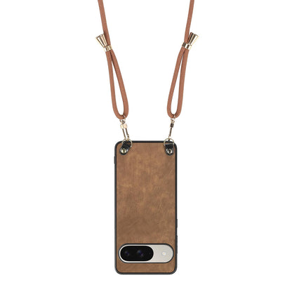 For Google Pixel 11 Pro XL Vintage Leather PC Back Cover Phone Case with Crossbody Strap - Brown - SYA002809618C