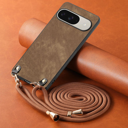 For Google Pixel 11 Pro XL Vintage Leather PC Back Cover Phone Case with Crossbody Strap - Brown - SYA002809618C