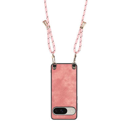 For Google Pixel 11 Pro XL Vintage Leather PC Back Cover Phone Case with Crossbody Strap - Pink - SYA002809618D