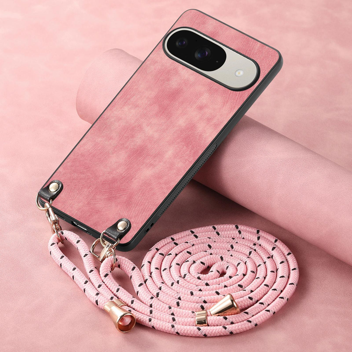 For Google Pixel 11 Pro XL Vintage Leather PC Back Cover Phone Case with Crossbody Strap - Pink - SYA002809618D