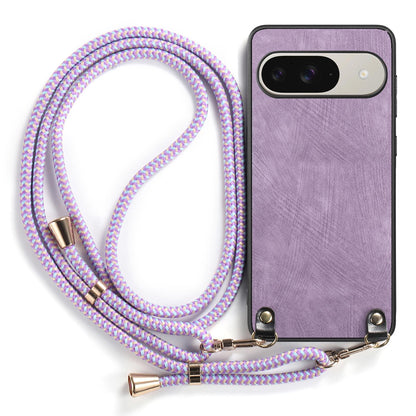 For Google Pixel 11 Pro XL Vintage Leather PC Back Cover Phone Case with Crossbody Strap - Purple - SYA002809618E