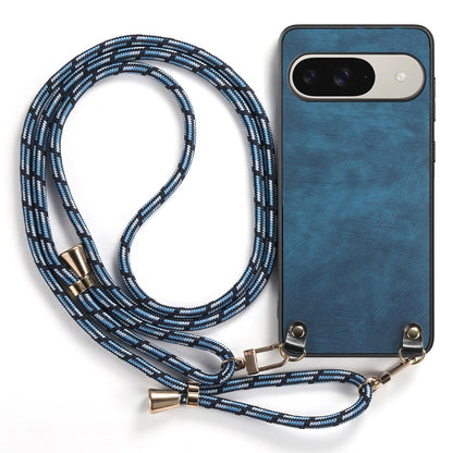 For Google Pixel 11 Pro XL Vintage Leather PC Back Cover Phone Case with Crossbody Strap - Blue - SYA002809618F