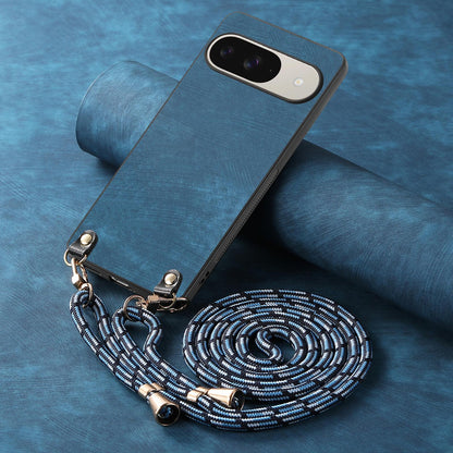 For Google Pixel 11 Pro XL Vintage Leather PC Back Cover Phone Case with Crossbody Strap - Blue - SYA002809618F