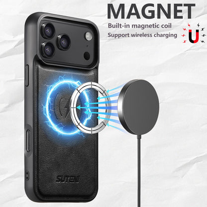 For iPhone 18 Pro Suteni G5 Cowhide Leather MagSafe Magnetic Phone Case - Black - SYA002821624A