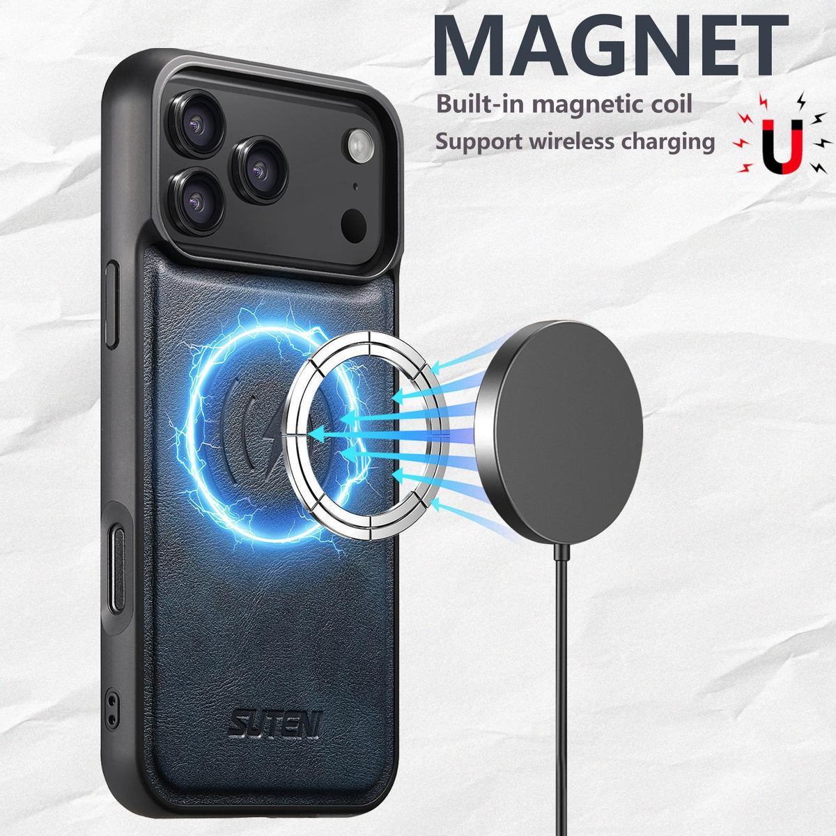 For iPhone 18 Pro Suteni G5 Cowhide Leather MagSafe Magnetic Phone Case - Blue - SYA002821624C