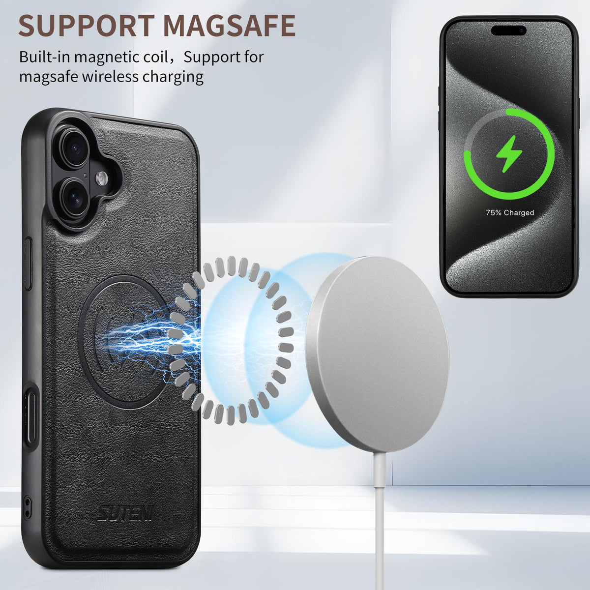 For iPhone 18 Suteni G5 Cowhide Leather MagSafe Magnetic Phone Case - Black - SYA002821625A
